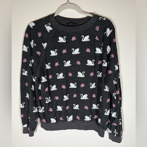 WILDFOX reverse fleece black sweatshirt white swans pink roses graphic sz XS